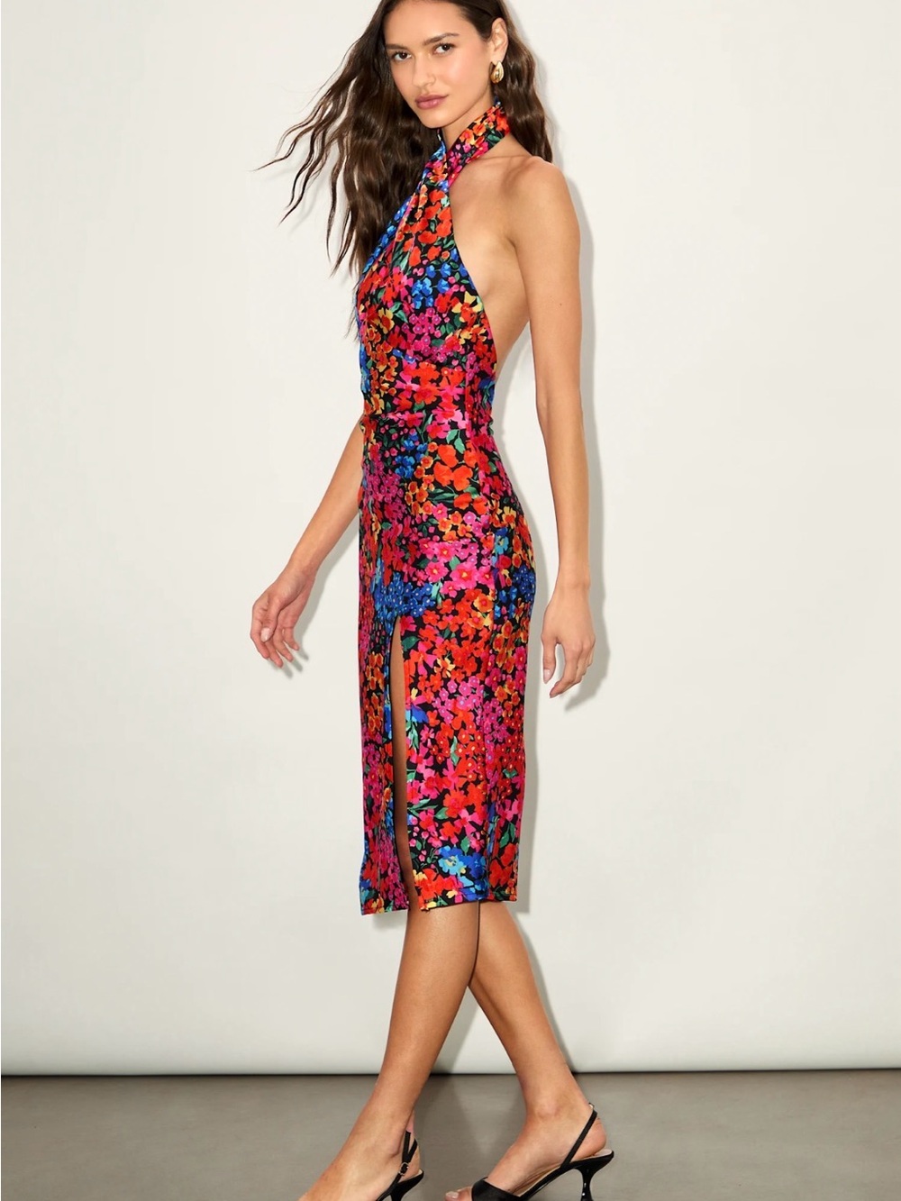 Lulus Bold Presence Black and Red Multi Floral Satin Halter Midi Dress Small - Picture 3 of 13
